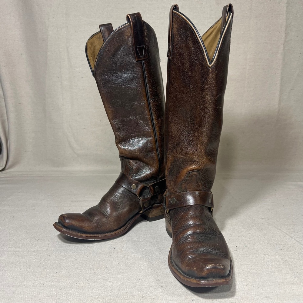 Vintage Acme Brown Leather Harness Cowboy Western Boots Tall Distressed *6.5B